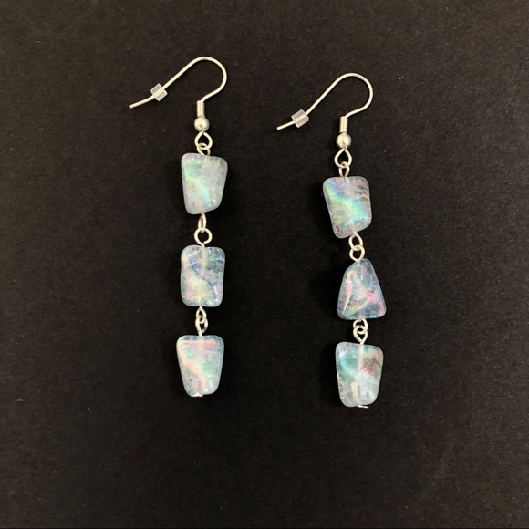 Blue Aurora Borealis Dangle Earrings, Handmade, Twist Beads, Silver Plate - Picture 2 of 4